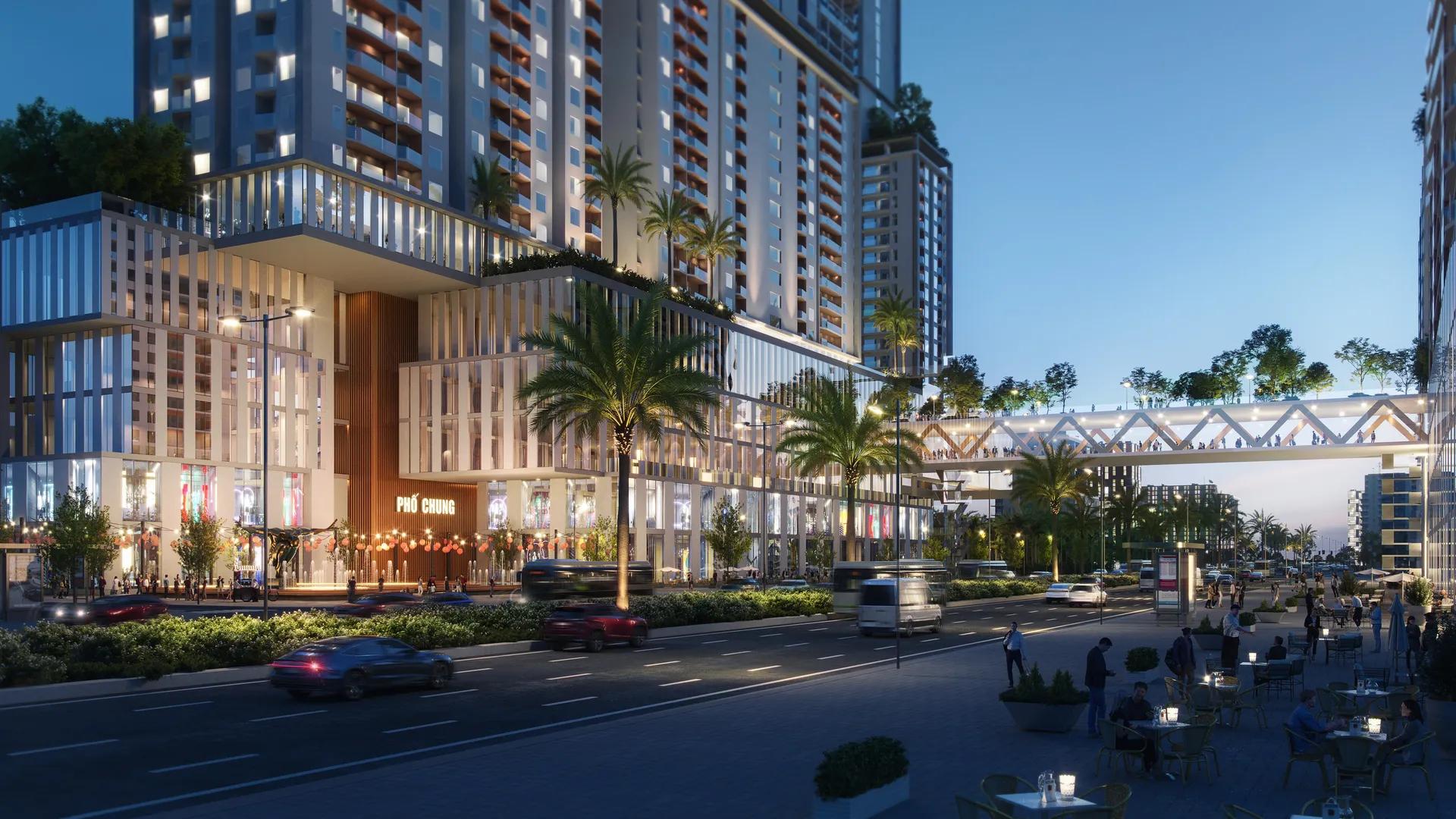 Mặt tiền khối thương mại và các tháp được chiếu sáng vào ban đêm — King Crown City, Thành phố Hồ Chí Minh