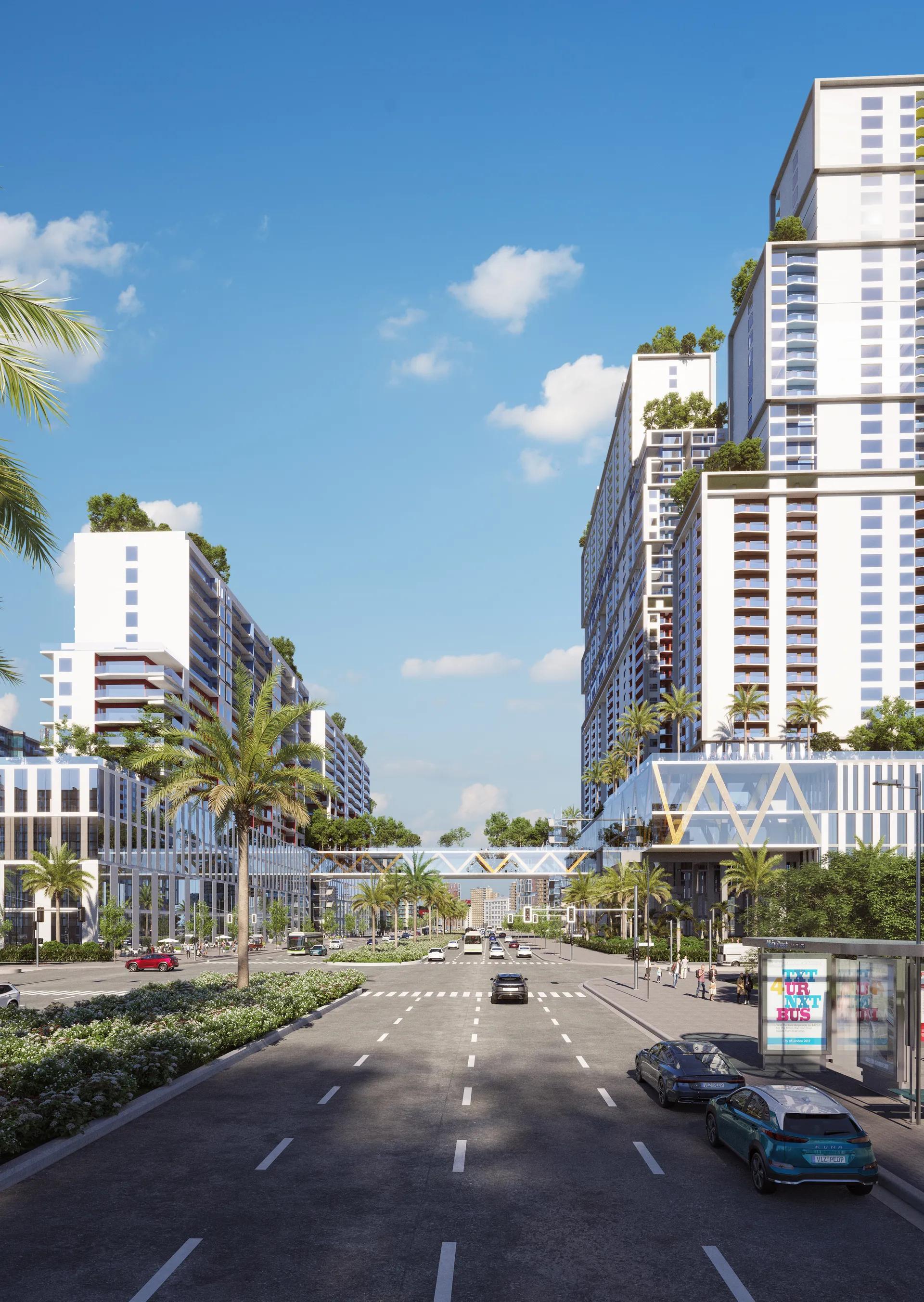 Tháp cao tầng và mặt tiền tổ hợp nhìn từ đường phố vào ban ngày — King Crown City, Thành phố Hồ Chí Minh