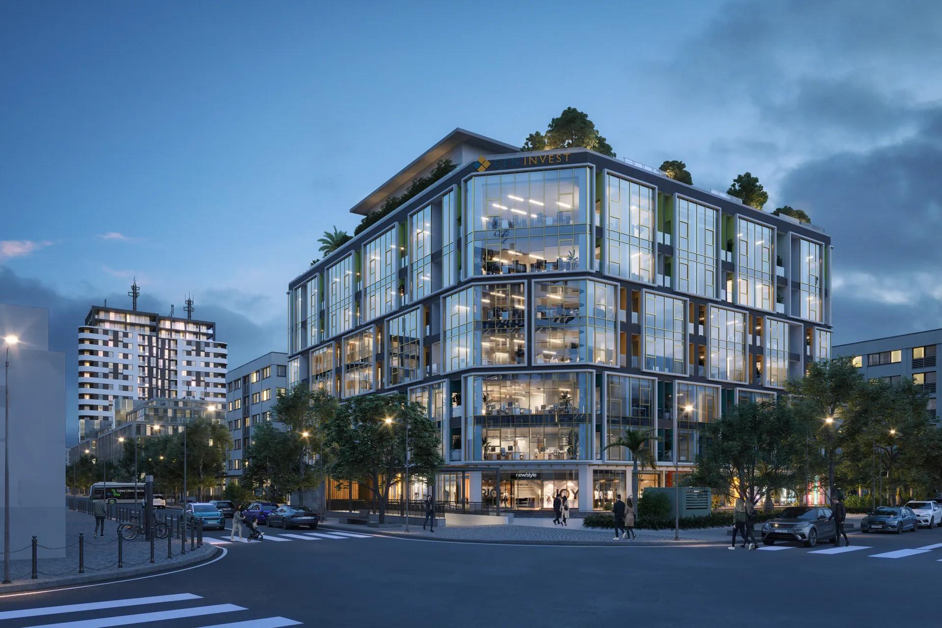 Tòa nhà văn phòng với mặt đứng kính được chiếu sáng vào ban đêm — Plaschem Building, Hà Nội