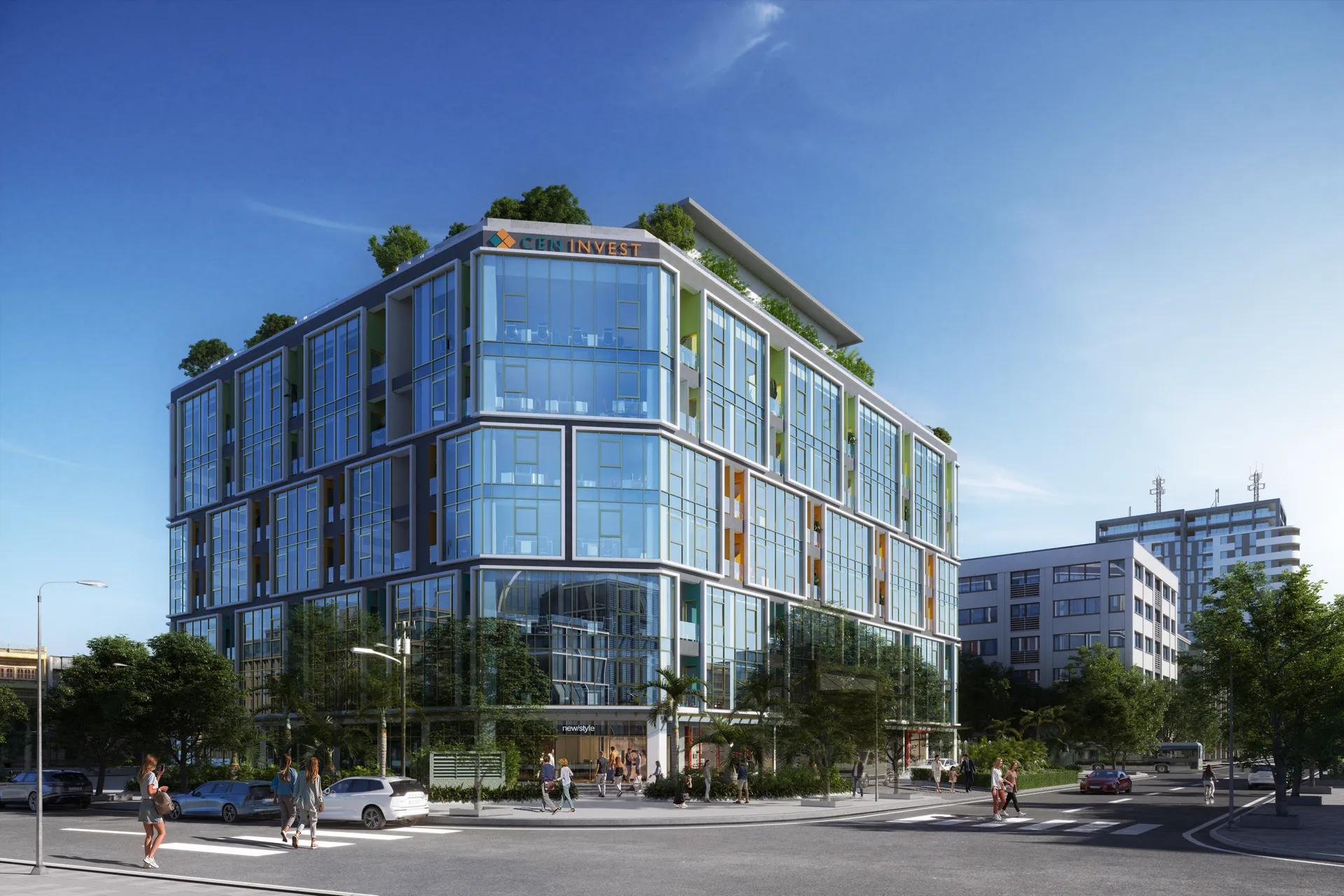 Mặt đứng tòa nhà văn phòng nhìn từ góc giao lộ vào ban ngày — Plaschem Building, Hà Nội