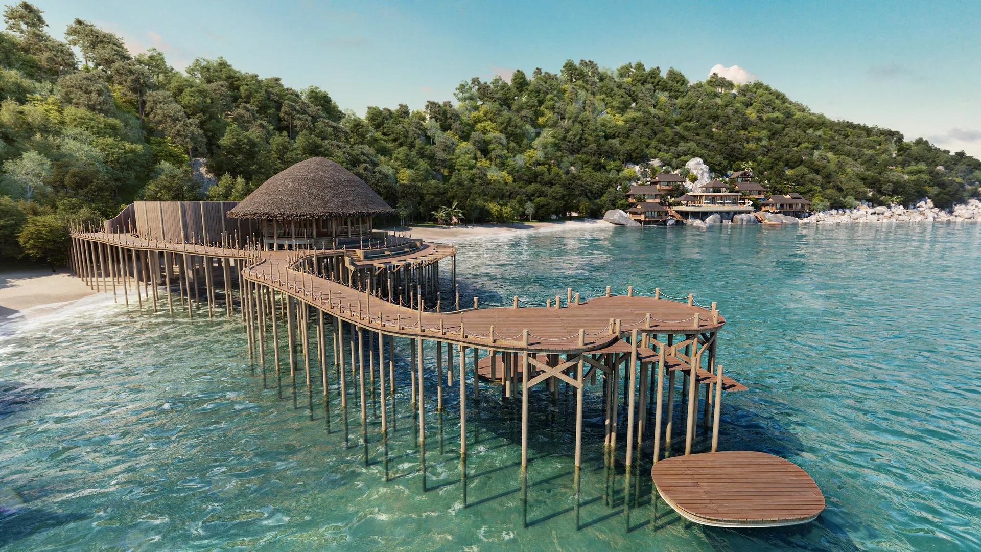Cầu gỗ dẫn tới khu lễ tân trên mặt biển — Six Senses, Ninh Van Bay