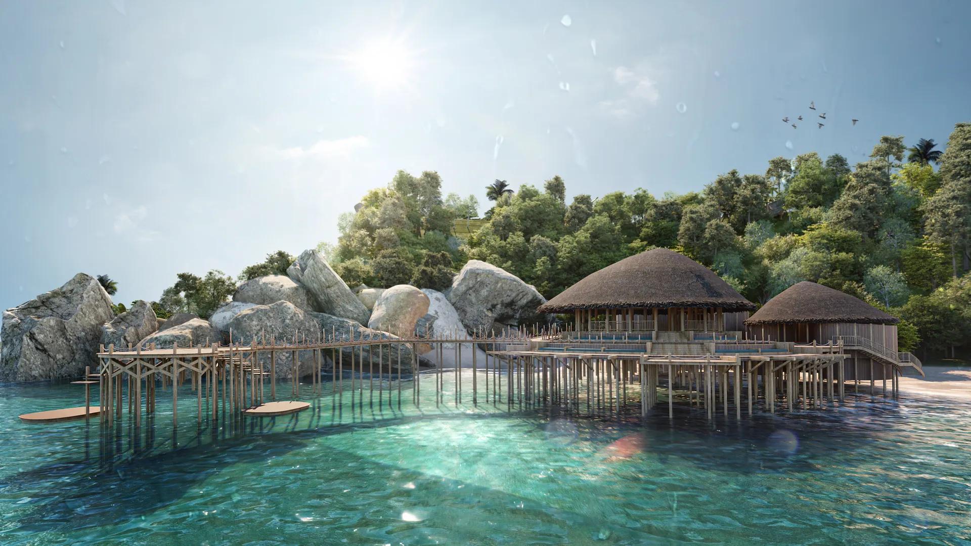 Không gian lễ tân giữa biển và các khối đá tự nhiên — Six Senses, Ninh Van Bay