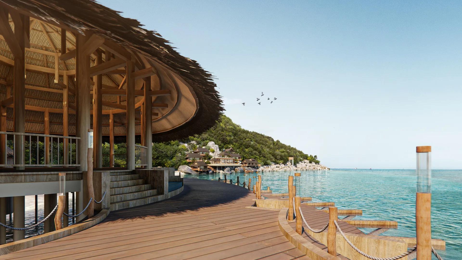 Hiên gỗ khu lễ tân hướng ra vịnh — Six Senses, Ninh Van Bay