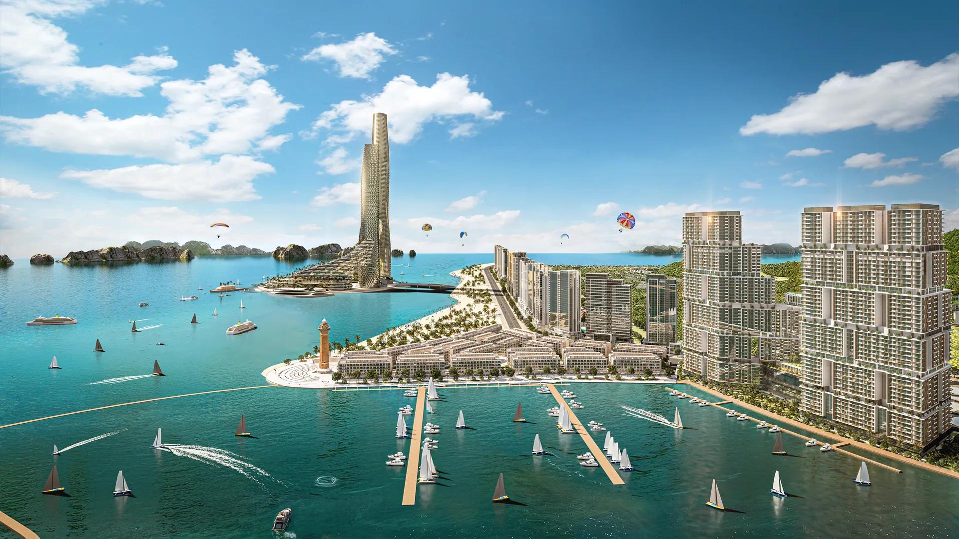 Tháp biểu tượng và bến du thuyền nhìn từ mặt biển — Sun Elite City, Quảng Ninh