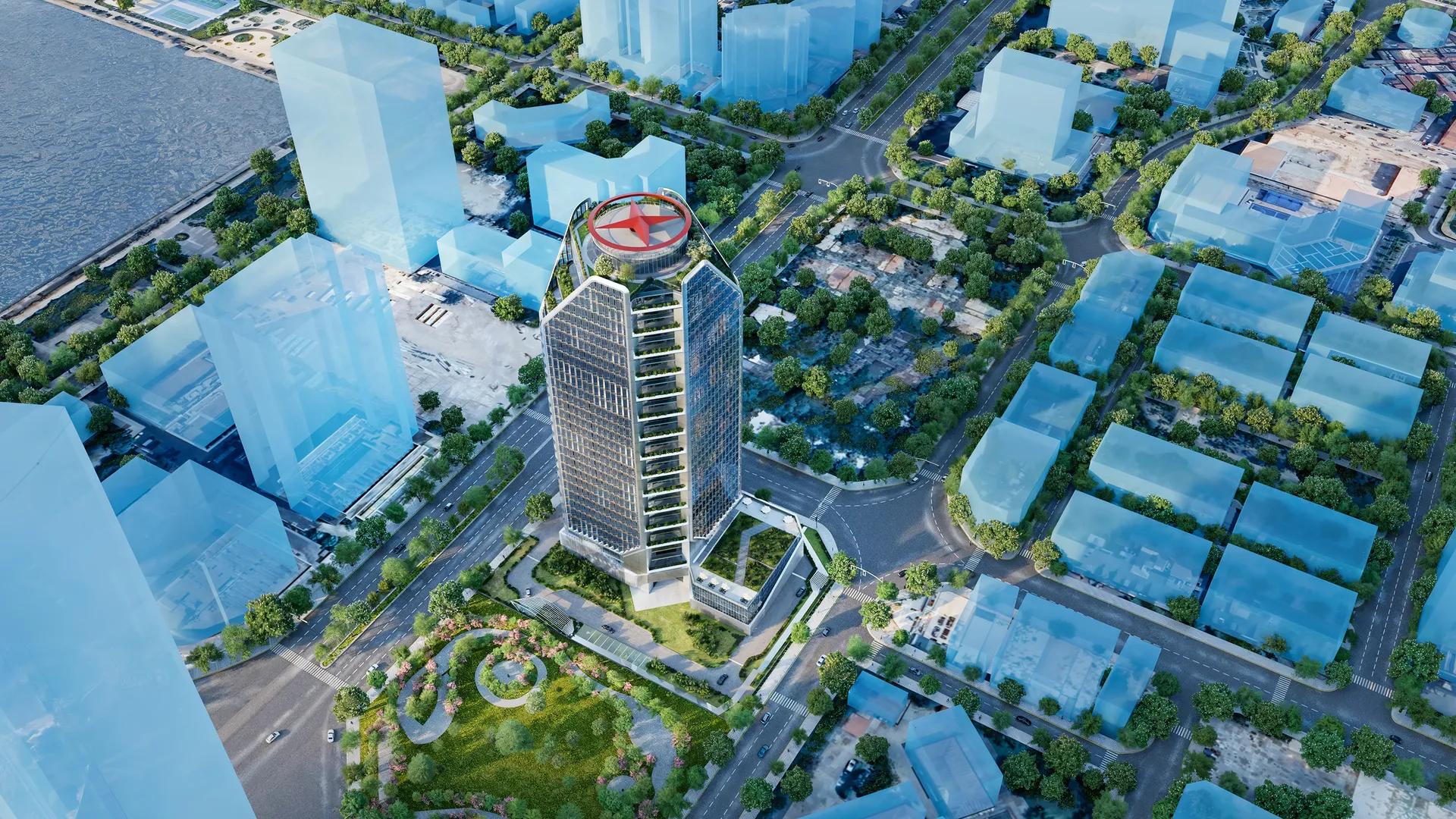 Tháp trụ sở và mạng lưới đường giao thông nhìn từ trên cao — Trụ sở EVN, Hà Nội