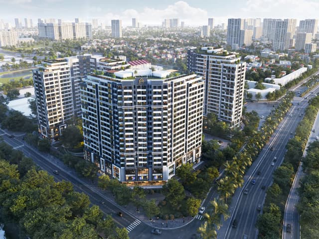 Tổng thể khối cao tầng và quảng trường nhìn từ trên cao — Khu đô thị Vân Trung, Bắc Ninh