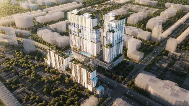 Tổng thể tổ hợp cao tầng và các dãy nhà phố nhìn từ trên cao — King Crown City, Thành phố Hồ Chí Minh