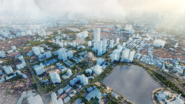 Vị trí tháp trụ sở trong tổng thể đô thị nhìn từ trên cao — Trụ sở EVN, Hà Nội